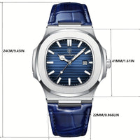 Luxus Herrenarmbanduhr, blaues Zifferblatt, Edelstahlgehäuse, Lederarmband, elegant.