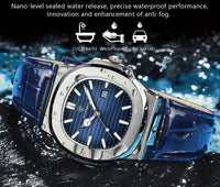 Luxus Herrenarmbanduhr, blaues Zifferblatt, Edelstahlgehäuse, wasserdicht, elegant.