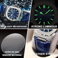 Luxus Herrenarmbanduhr, blaues Zifferblatt, Lederarmband, wasserdicht, leuchtende Zeiger.
