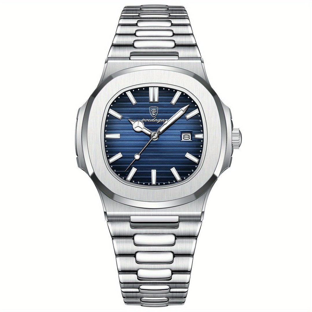 Luxus Herrenarmbanduhr, Edelstahl, blaues Zifferblatt, elegantes Design, modisch, hochwertig.