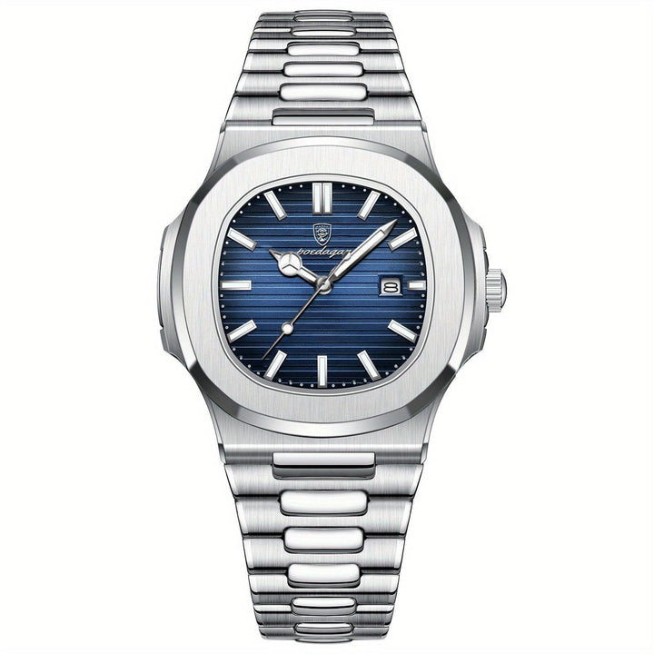 Luxus Herrenarmbanduhr, Edelstahl, blaues Zifferblatt, elegantes Design, modisch, hochwertig.