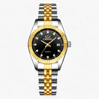 Luxus Herrenuhr, zweifarbig, Edelstahl, schwarzes Zifferblatt, goldene Lünette, Datum, Chenxi.