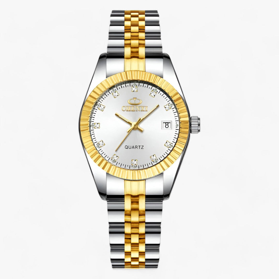 Luxus Herrenarmbanduhr, zweifarbig, Edelstahl, gold-silber, Quarz, Datum, elegantes Design
