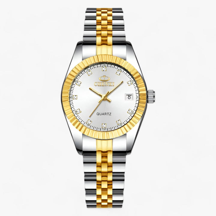 Luxus Herrenarmbanduhr, zweifarbig, Edelstahl, gold-silber, Quarz, Datum, elegantes Design
