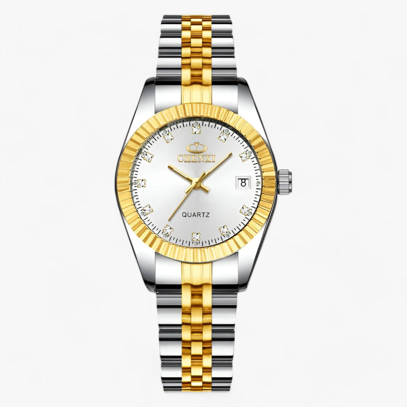 Luxus Herrenarmbanduhr, zweifarbig, Edelstahl, gold-silber, Quarz, Datum, elegantes Design