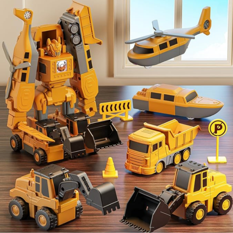 Gelbe Baufahrzeug-Spielzeuge aus Kunststoff, inklusive Bagger, Kran, Hubschrauber und Boot.
