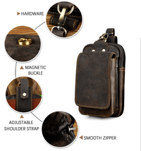Herren-Gürteltasche aus braunem Leder mit verstellbarem Schultergurt und Magnetverschluss.