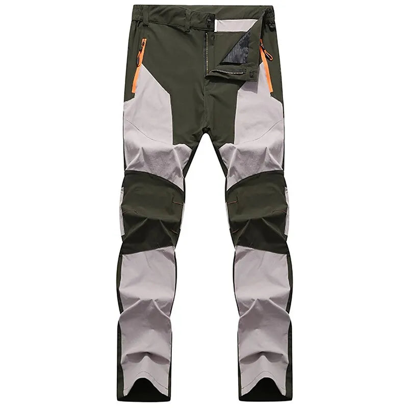 Wasserdichte Outdoor-Hose, grün-grau, mit Reißverschlusstaschen, ideal für Wandern und Trekking.