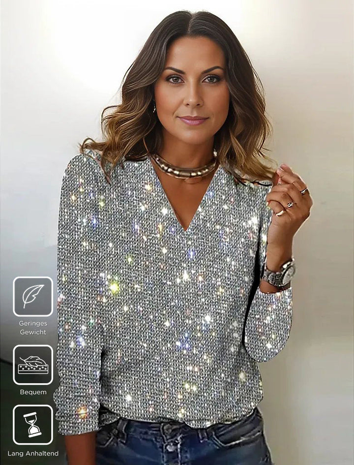 Schimmerndes Silbernes Disco-Glitzer V-Ausschnitt Langarmshirt - GlamFrost