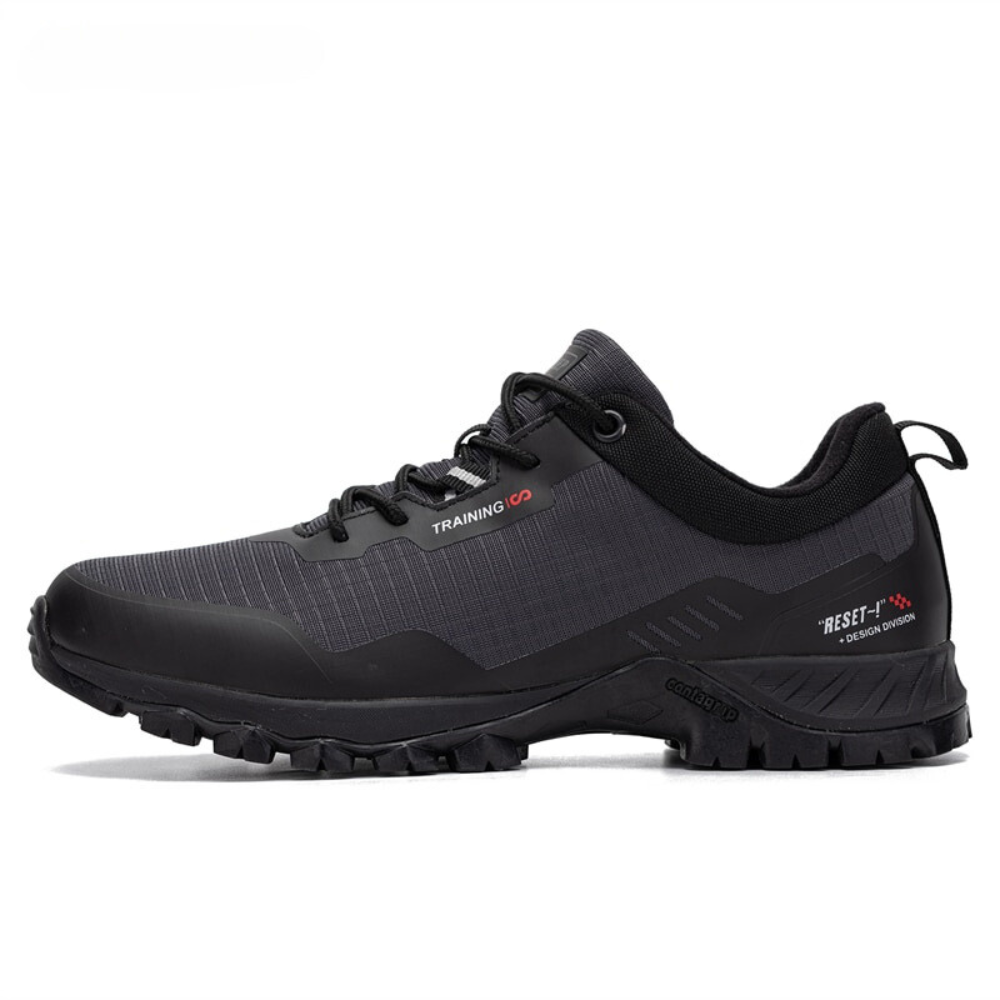 Grauer Outdoor-Schuh, wasserdicht, rutschfest, für Herren, ideal zum Wandern und Trekking.