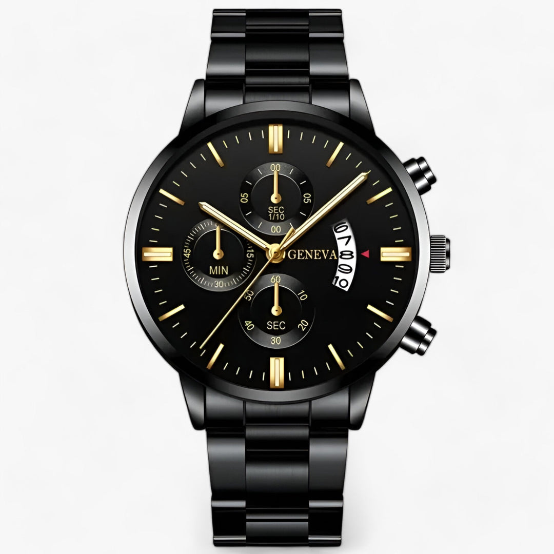 Schwarze Herrenarmbanduhr mit Chronograph, Edelstahlarmband, goldene Zeiger, elegantes Design.