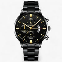 Schwarze Herrenarmbanduhr mit Chronograph, Edelstahlarmband, goldene Zeiger, elegantes Design.