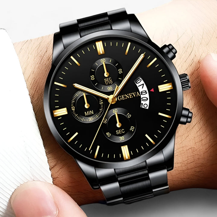 Schwarze Herrenarmbanduhr mit Chronograph, Edelstahlgehäuse, goldene Zeiger, elegantes Design.