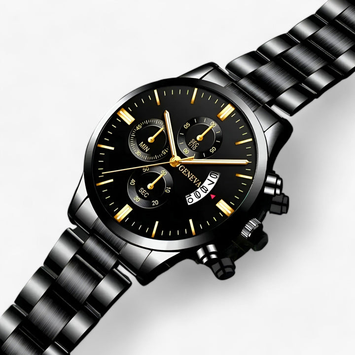 Schwarze Edelstahl-Armbanduhr mit Chronograph, goldenen Zeigern und Datumsanzeige.