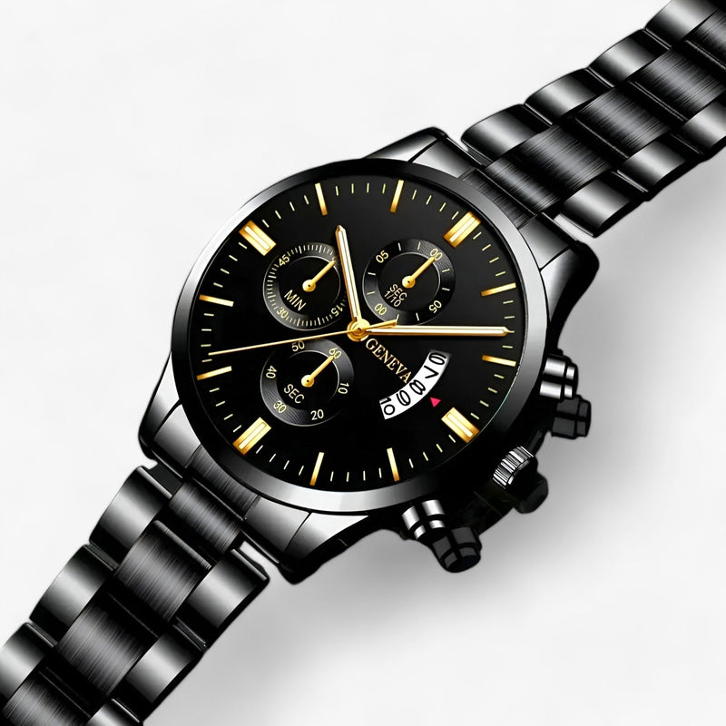 Schwarze Edelstahl-Armbanduhr mit Chronograph, goldenen Zeigern und Datumsanzeige.