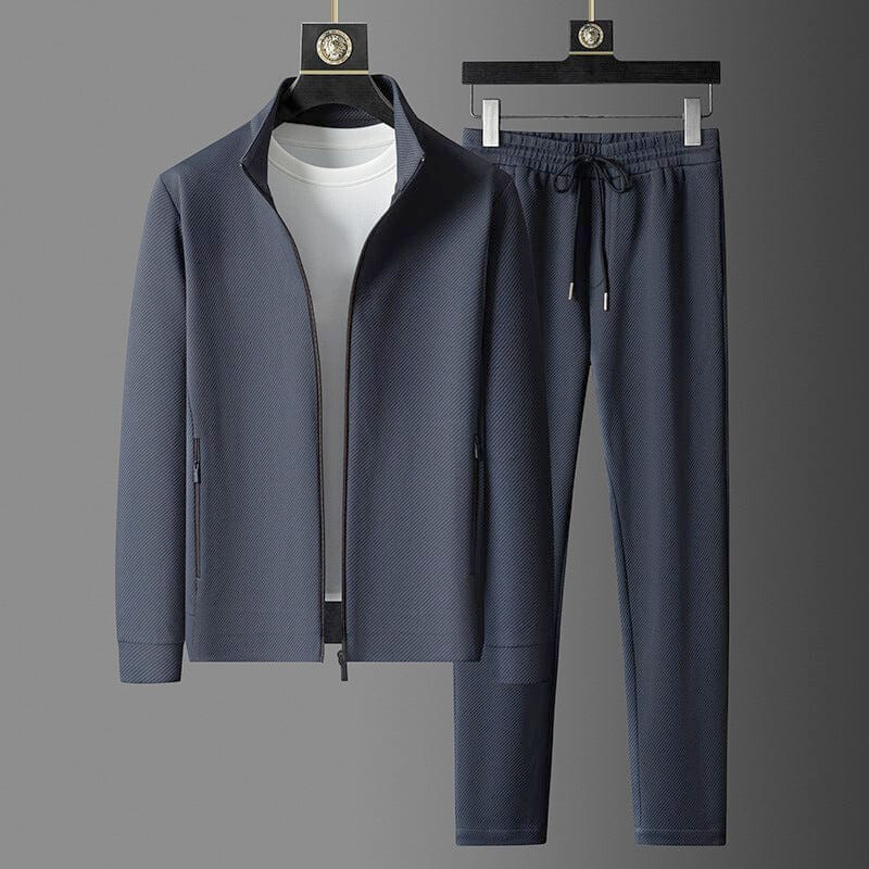 Dunkelblauer Premium-Trainingsanzug aus hochwertigem Material, Jacke und Hose, Herrenmode.