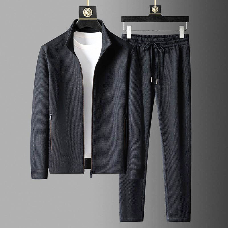Schwarzer Premium-Trainingsanzug aus hochwertigen Materialien, Jacke und Hose, Herrenmode.