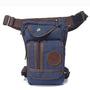 Blaue Canvas-Gürteltasche mit braunen Lederakzenten, ideal für Outdoor-Aktivitäten.