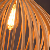 Moderne Holzpendelleuchte mit warmem LED-Licht, elegantes Design, ideal für Wohnzimmerbeleuchtung.