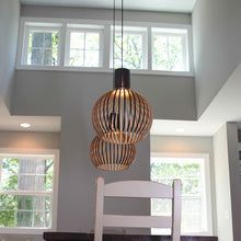 Moderne Holz-Pendelleuchte, zweifach, hängend, Esszimmer, skandinavisches Design, Beleuchtung.