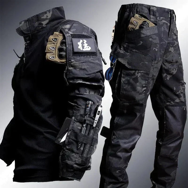 Taktische Tarnanzug-Set, schwarz, Camouflage, Outdoor-Bekleidung, multifunktional, Herren.