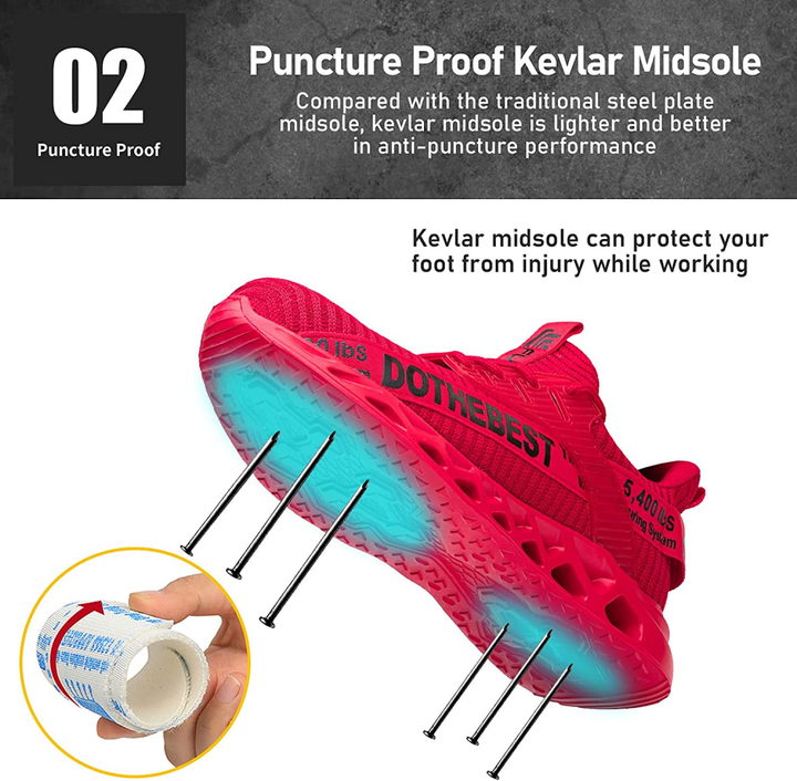 Roter Sicherheitsschuh mit durchtrittsicherer Kevlar-Sohle, ideal für Arbeitsschutz.