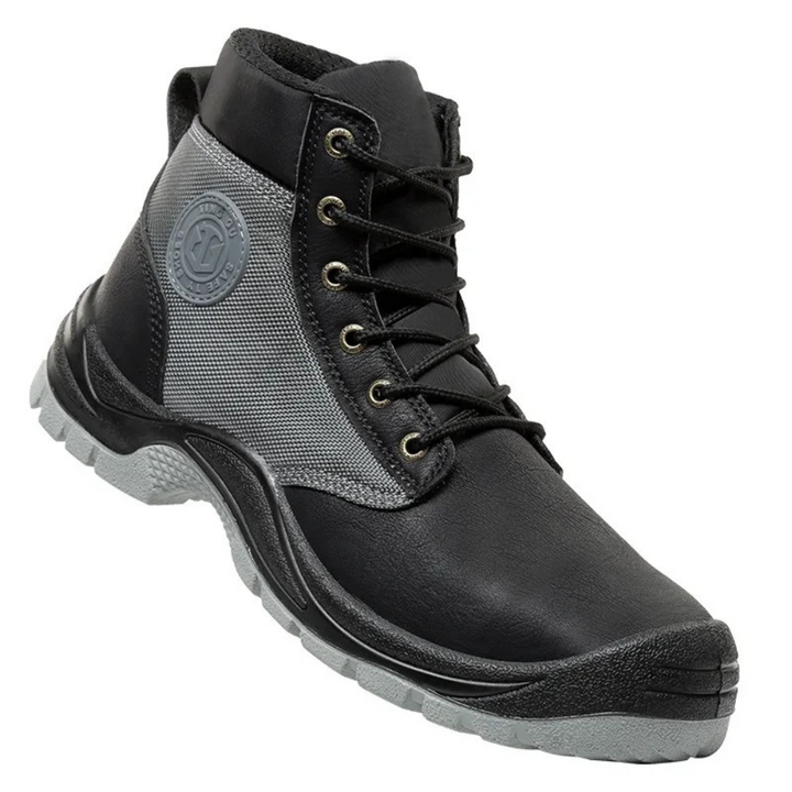 Schwarze Sicherheitsstiefel, rutschfest, robust, Arbeitsschuhe, Leder, Stahlkappe.