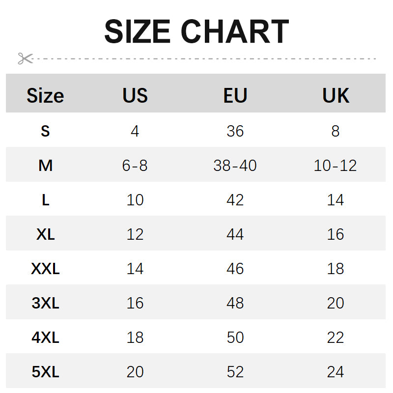 Größentabelle für Kleidung, US, EU, UK Größen, S bis 5XL, Konvertierung, Mode, Bekleidung.