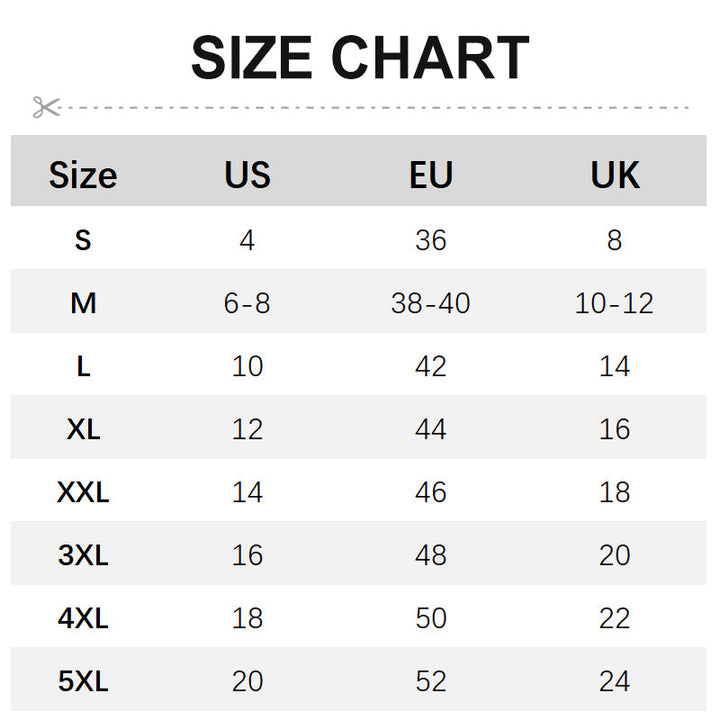 Größentabelle für Kleidung, US, EU, UK Größen, S bis 5XL, Konvertierung, Mode, Bekleidung.
