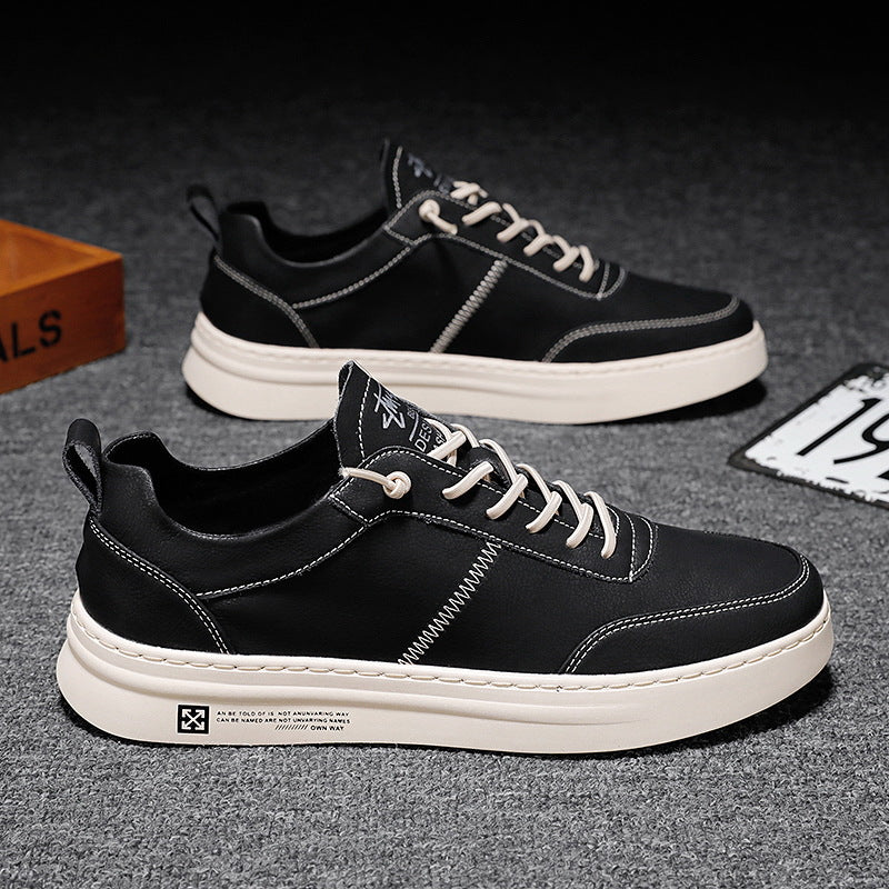 Schwarze Ledersneaker für Herren, atmungsaktiv, rutschfest, Freizeit, weiße Sohle.