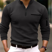 Schwarzes Herrenpolo mit Viertelreißverschluss, langärmelig, modisch, elegant, Freizeitkleidung.