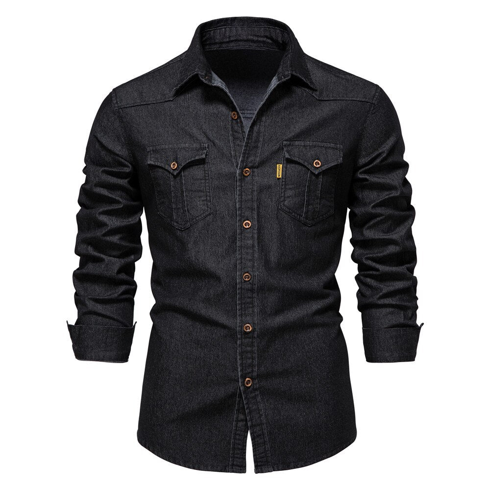 Schwarzes Jeanshemd für Herren, langärmelig, Knopfleiste, Freizeitmode, Baumwolle.