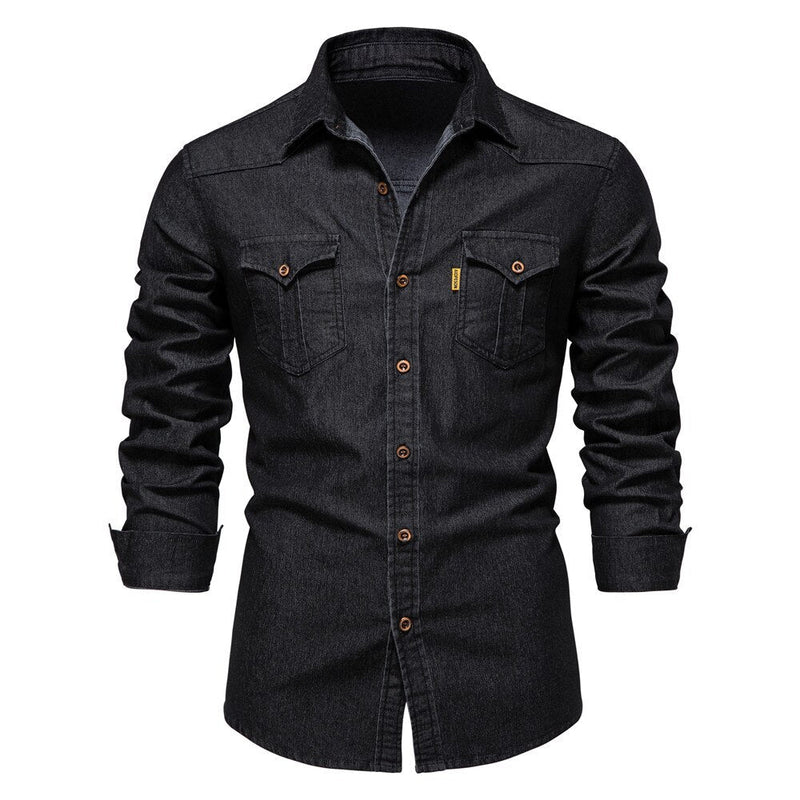Schwarzes Jeanshemd für Herren, langärmelig, Knopfleiste, Freizeitmode, Baumwolle.