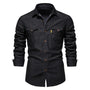 Schwarzes Jeanshemd für Herren, langärmelig, Knopfleiste, Freizeitmode, Baumwolle.