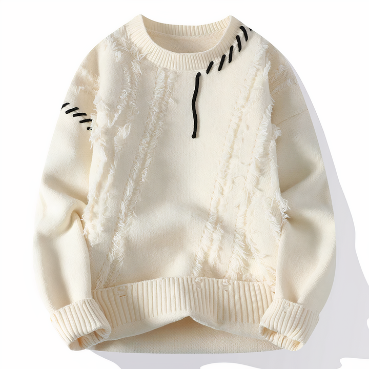 Weiße Herren-Pullover, Strick, modisch, Patchwork-Design, Herbst-Winter, Streetwear.