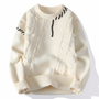 Weiße Herren-Pullover, Strick, modisch, Patchwork-Design, Herbst-Winter, Streetwear.