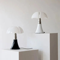 Moderne Designer-Tischlampe, schwarz-weiß, Metall, Schlafzimmer, stilvolle Beleuchtung.